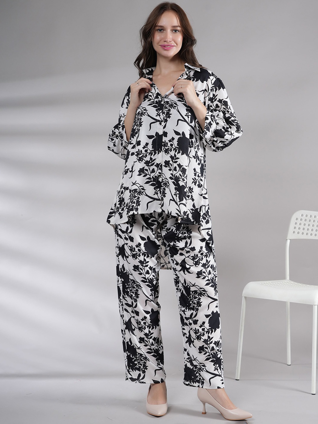 

BAESD Floral Printed Shirt Collar Shirt With Palazzos, Black