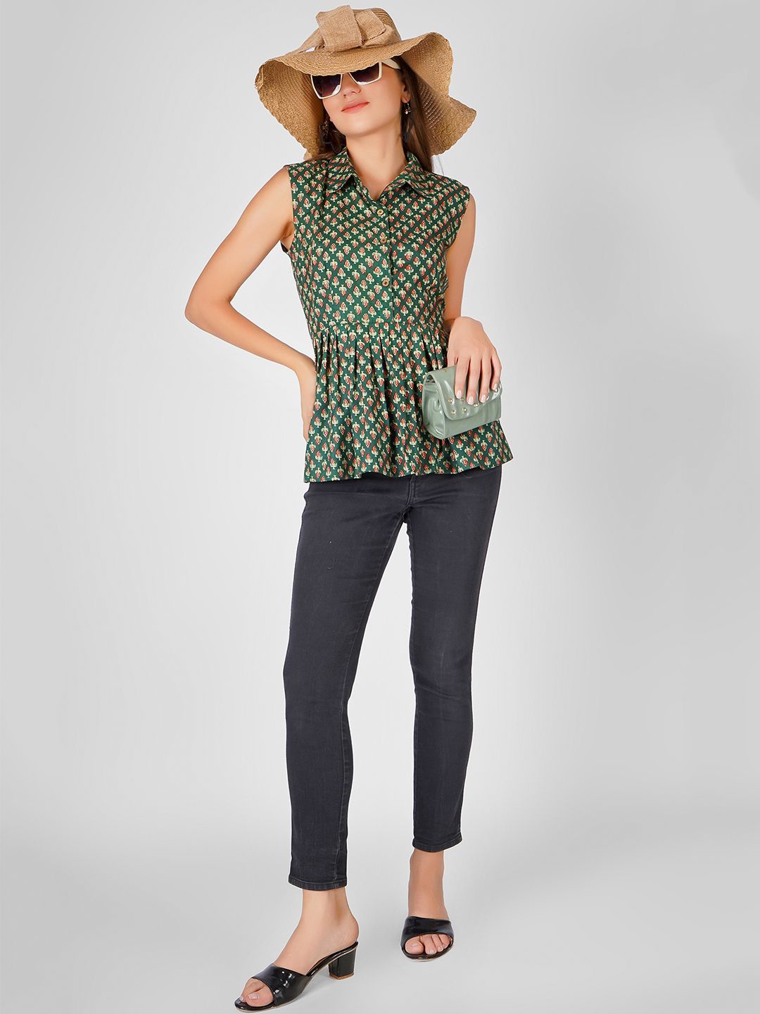 

UNLOKALE Women Geometric Printed Cotton Shirt Style Top, Green