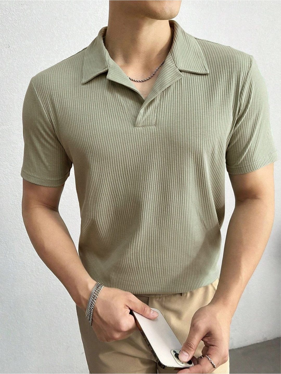 

JUMPCUTS Men Self Design Polo Collar Cotton T-shirt, Olive