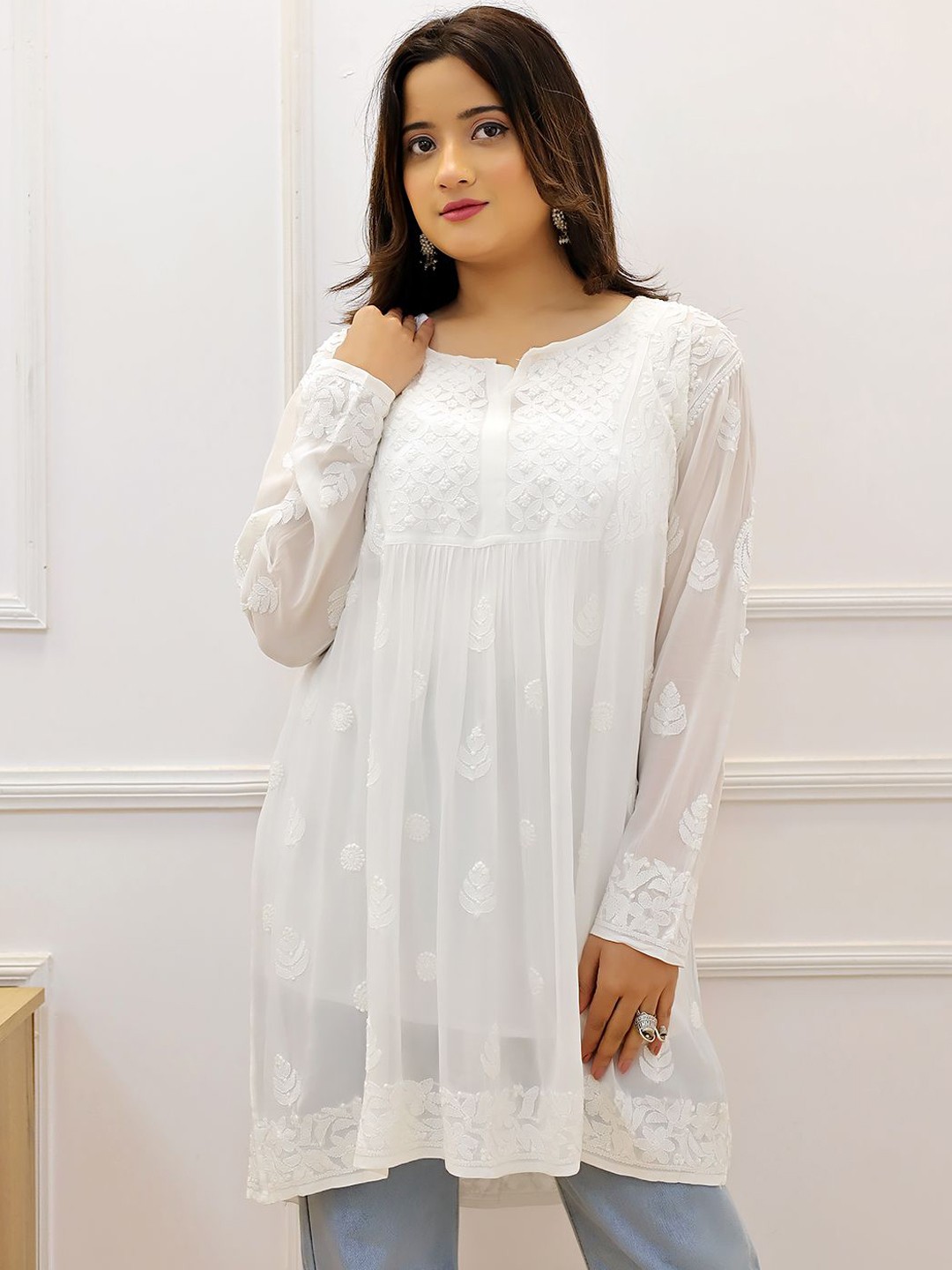 

The Chikan Label Women Floral Embroidered Chikankari A line Kurta, White
