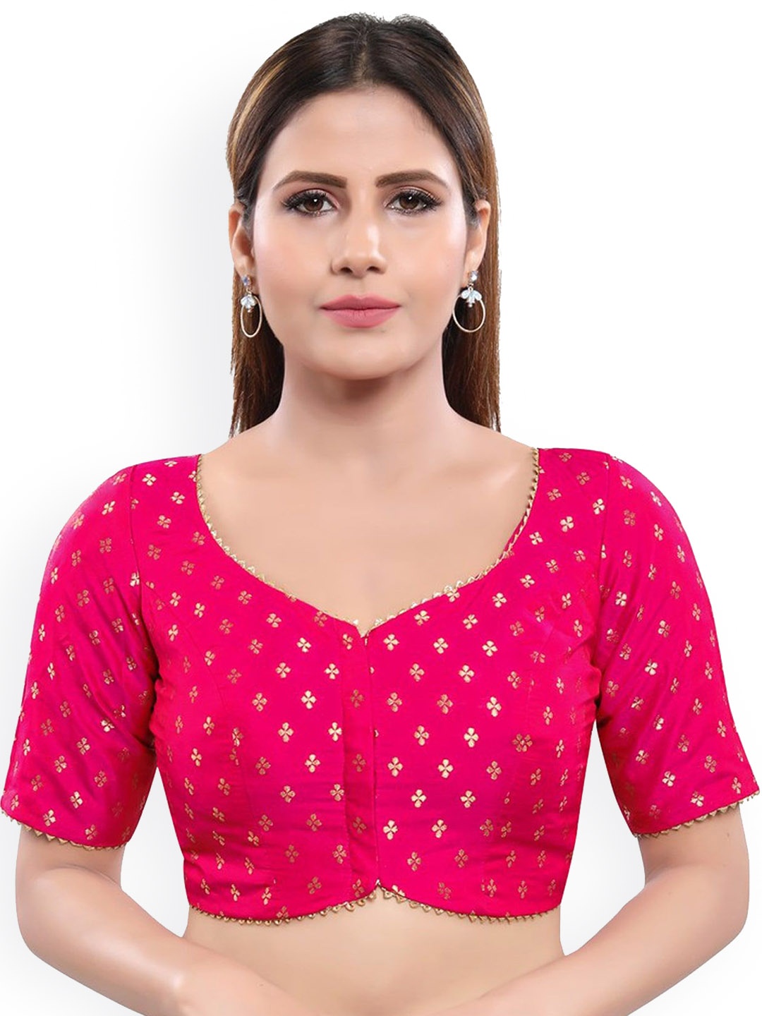 

Mmore Printed Jacquard Padded Saree Blouse, Pink