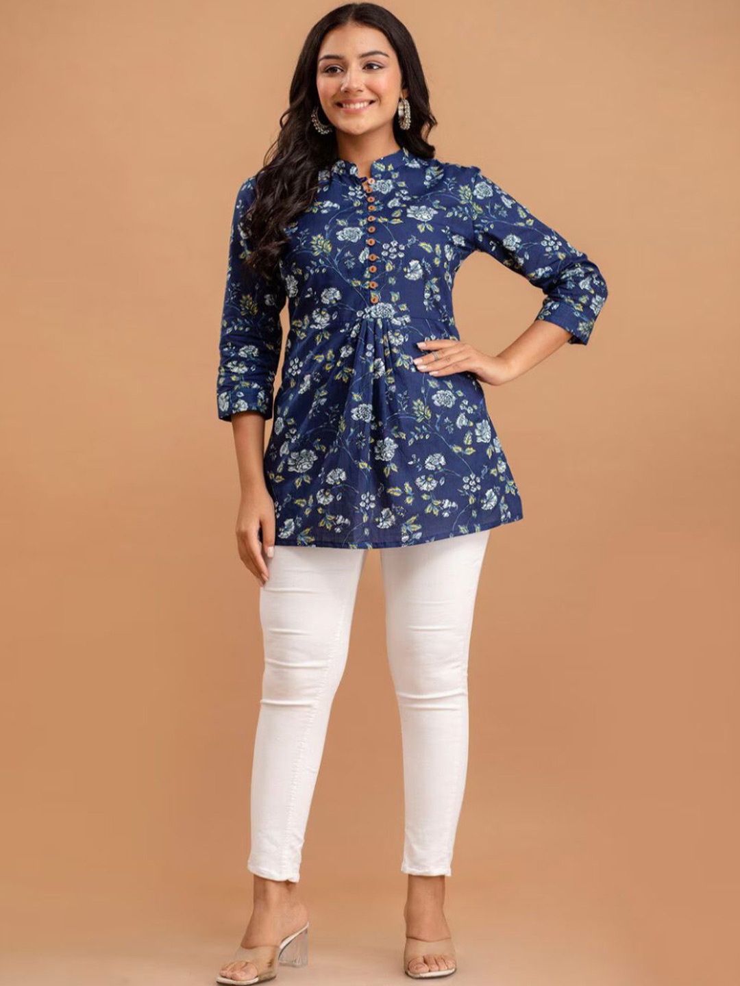 

Rangun Floral Print Mandarin Collar Top, Blue