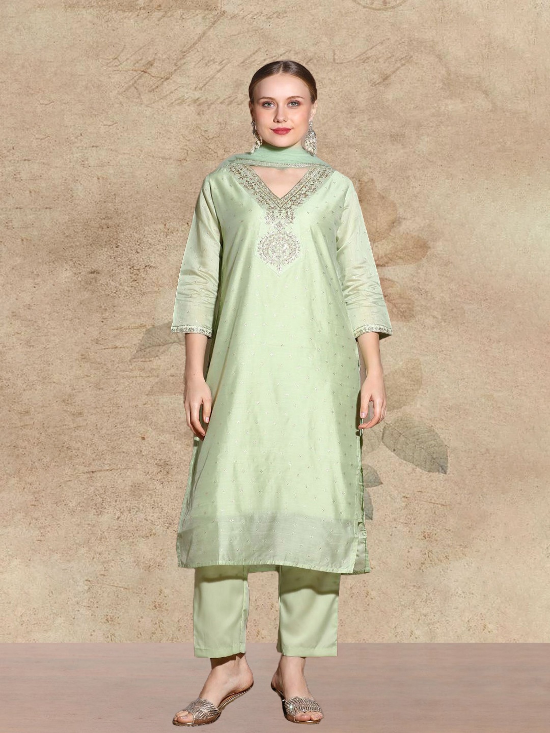 

AVANSHEE Woven Design Chanderi Cotton Straight Kurta With Trouser And Dupatta, Green