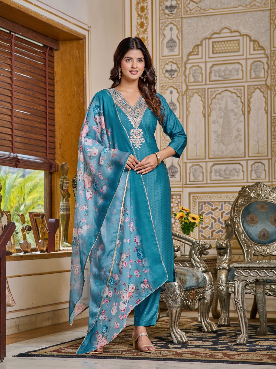 

RV CREATION Floral Embroidered V-Neck Straight Kurta With Trousers & Dupatta, Blue