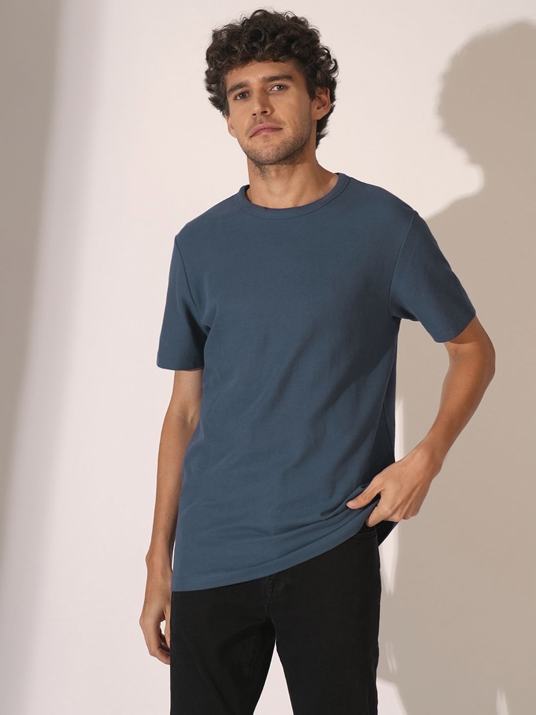 

SELECTED Men Solid Round Neck Cotton T-shirt, Blue