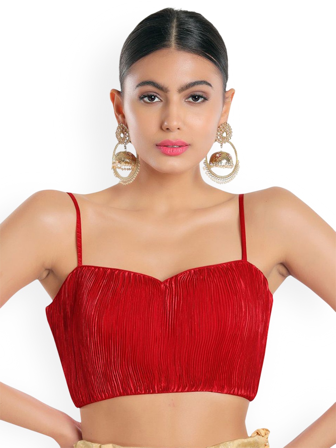 

Mmore Textured Padded Sweetheart Neck Sleeveless Saree Blouse, Red