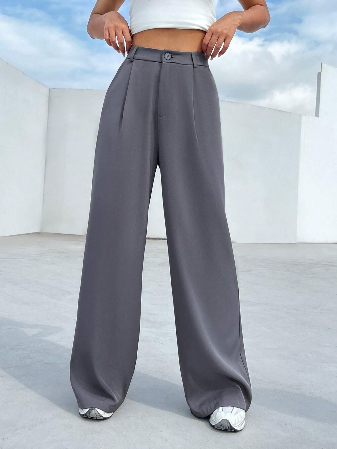 

FNOCKS Women Classic Straight Fit High-Rise Organic Cotton Wide Leg, Grey