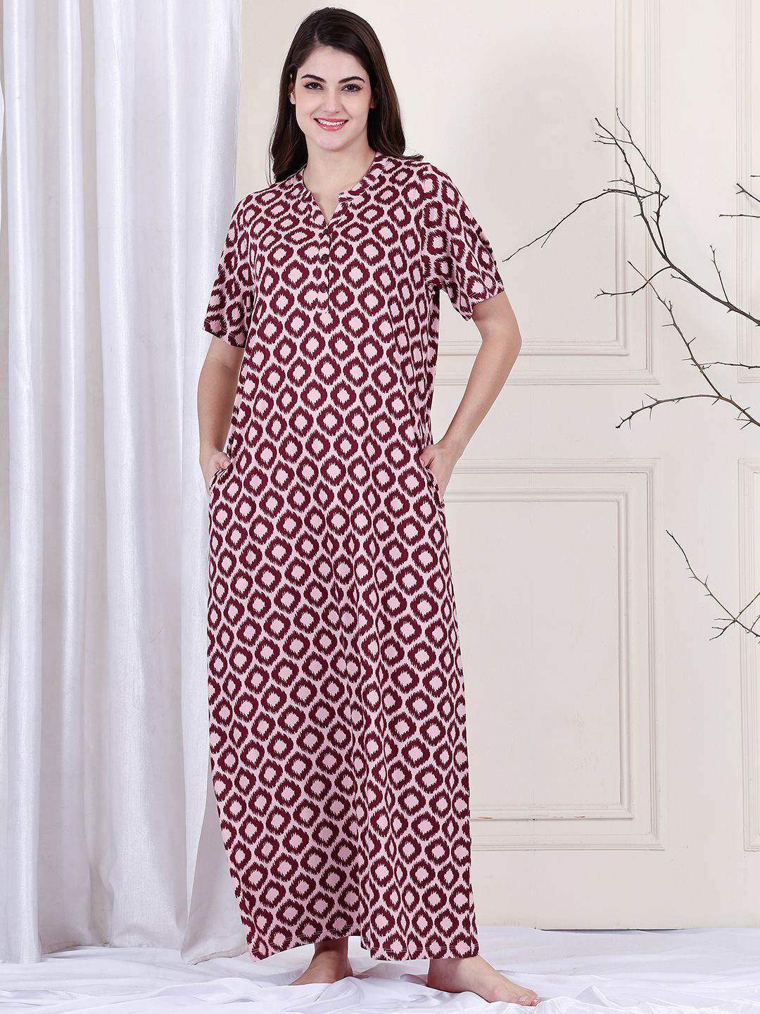 

Kanvin Women Printed Mandarin Collar Maxi Nightdress, Pink