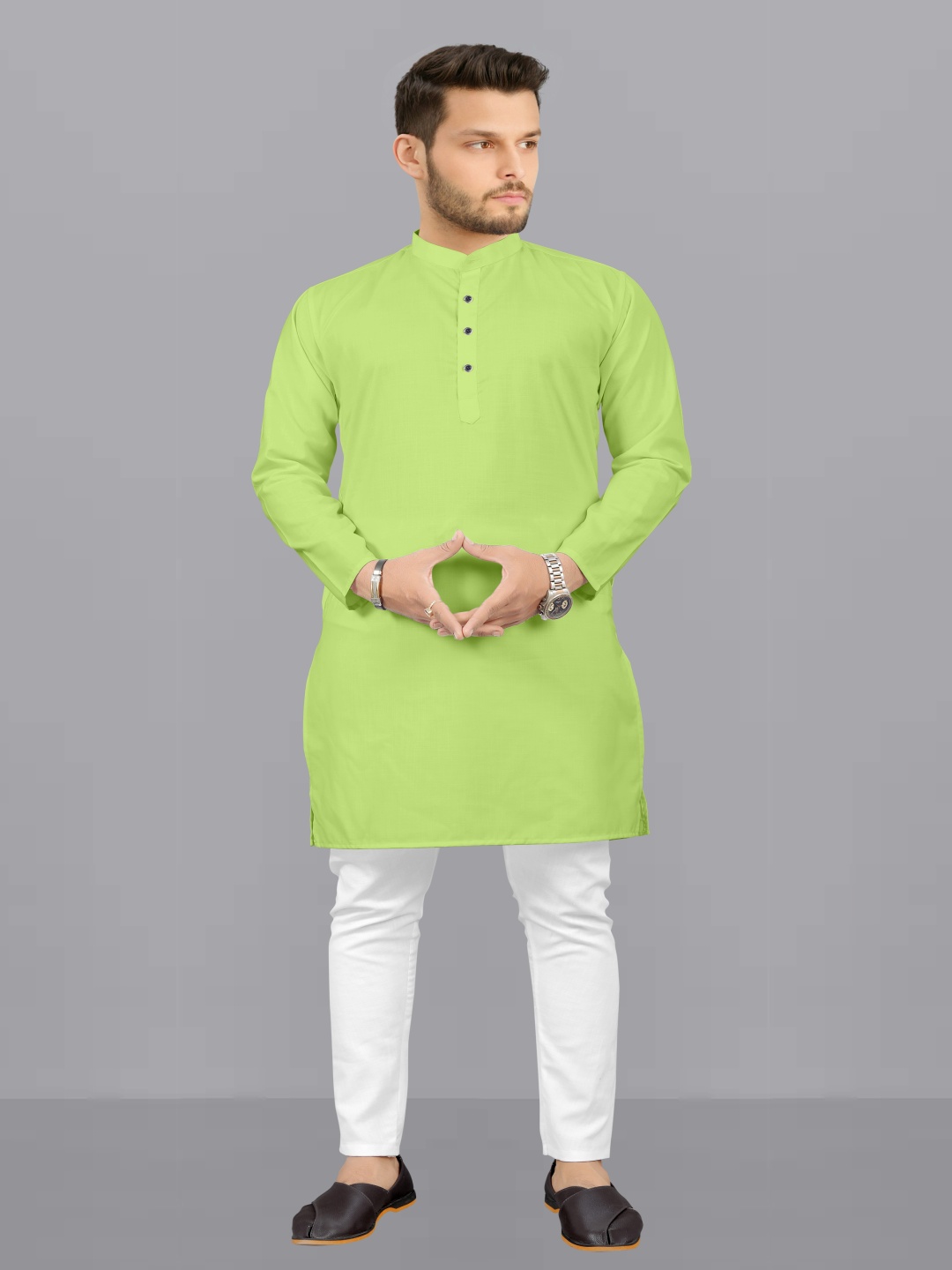 

Fashion FRICKS Band Collar Long Sleeves Kurta With Pyjamas, Lime green