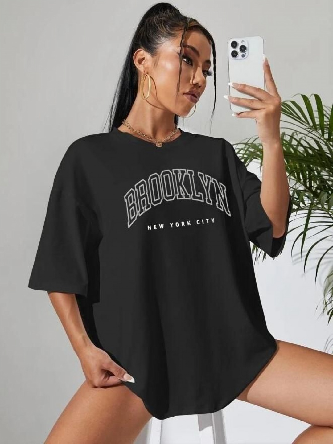 

KASHIAN Women Typography Printed Round Neck Cotton Oversized T-shirt, Black