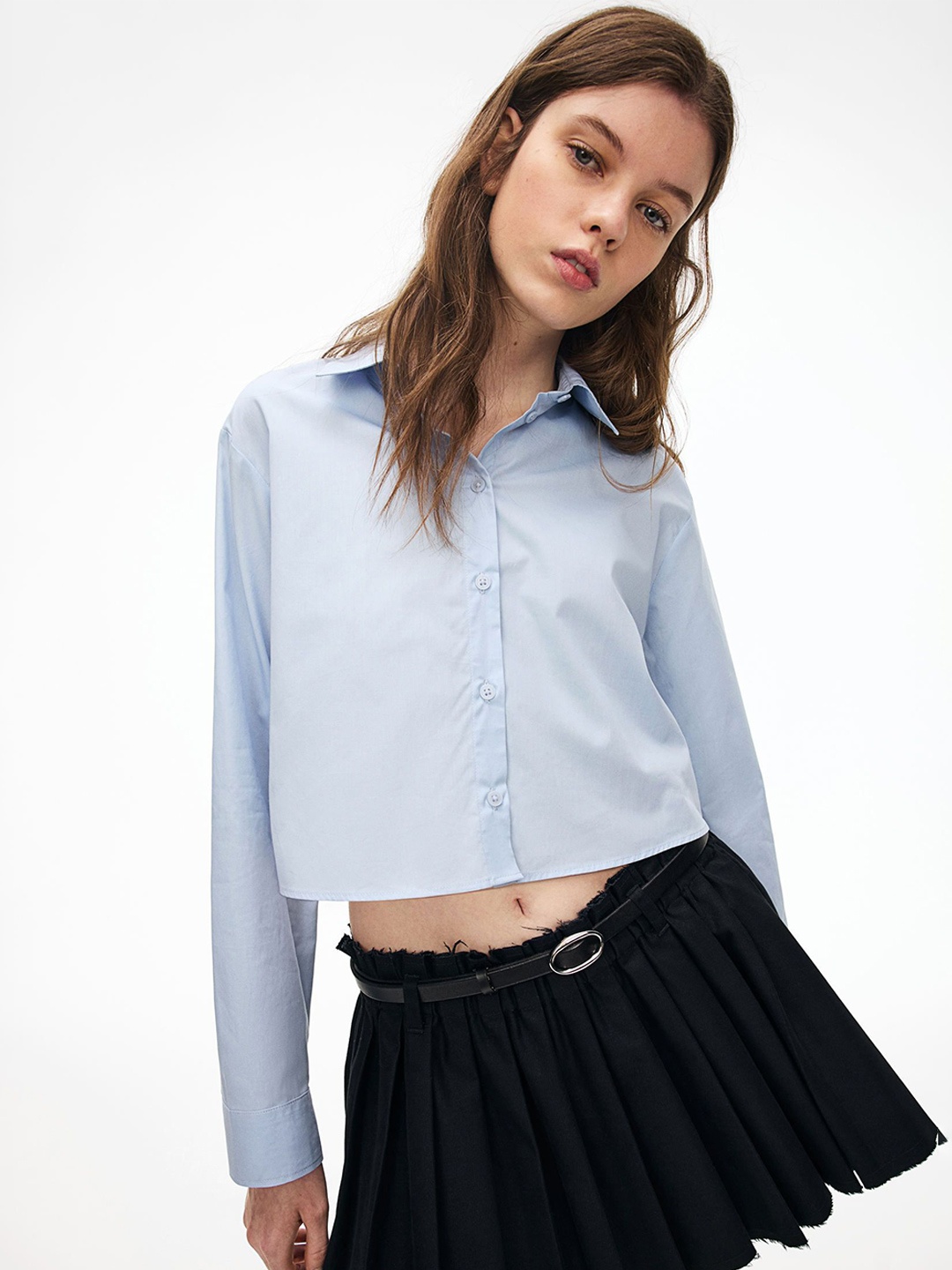 

H&M Cropped Tie-Detail Shirt, Blue