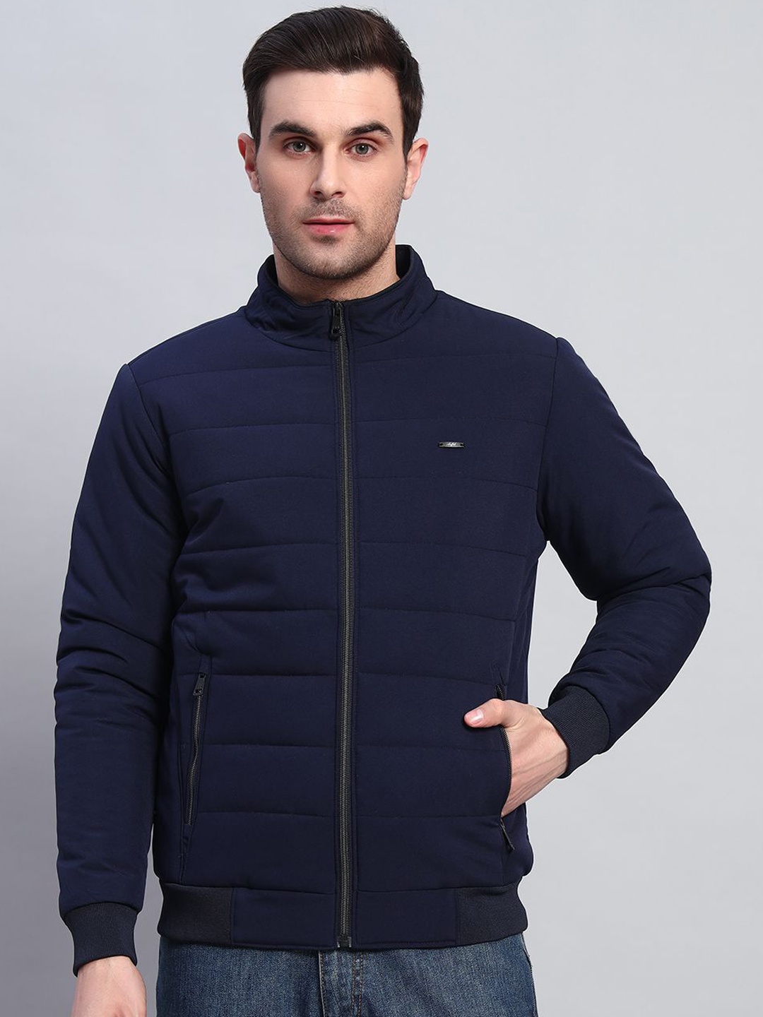 

AR-FIT Men Mock Collar Solid Casual Water Resistant Bomber Jacket, Navy blue