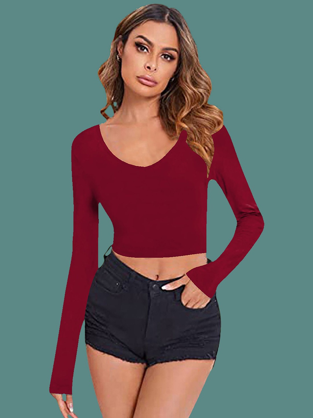 

Dream Beauty Fashion Women V-Neck Fitted Crop Top, Maroon