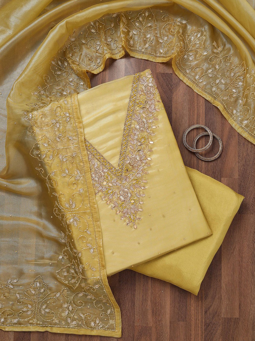 

Koskii Floral Embroidered Stonework Tissue Unstitched Salwar Suit, Yellow