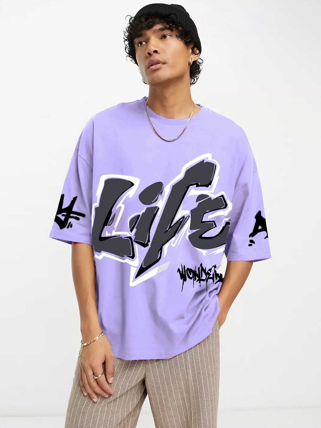 

JUMPCUTS Men Typography Printed Round Neck Cotton T-shirt, Lavender