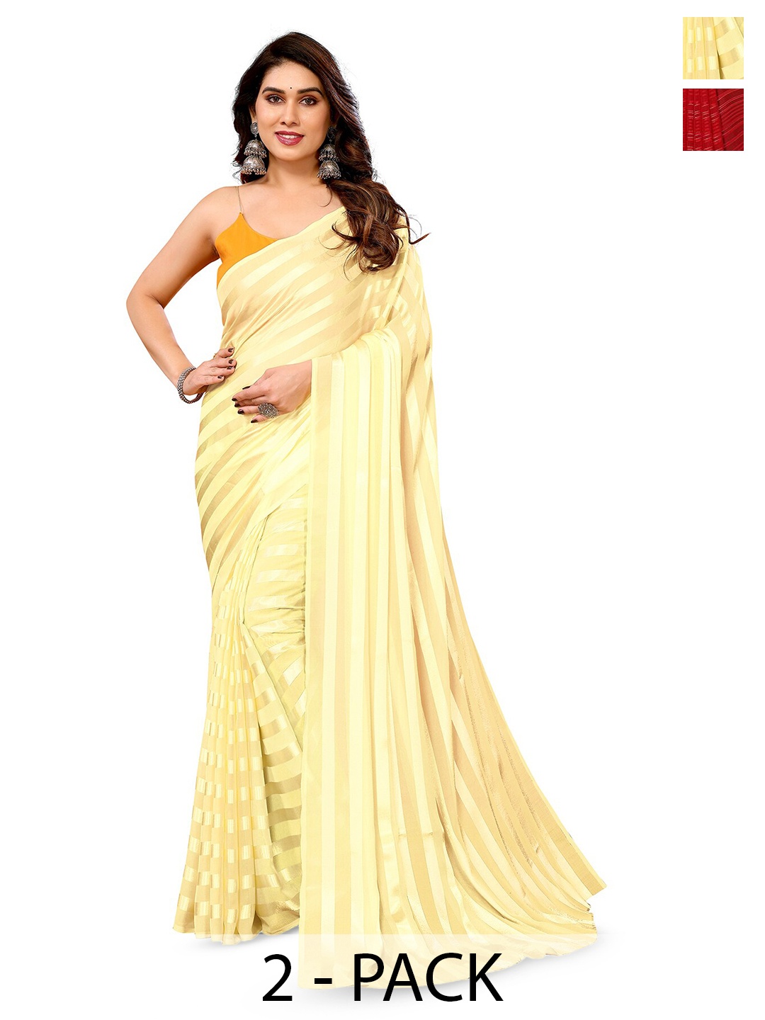 

Moda Rapido Pack Of 2 Striped Satin Saree, Yellow