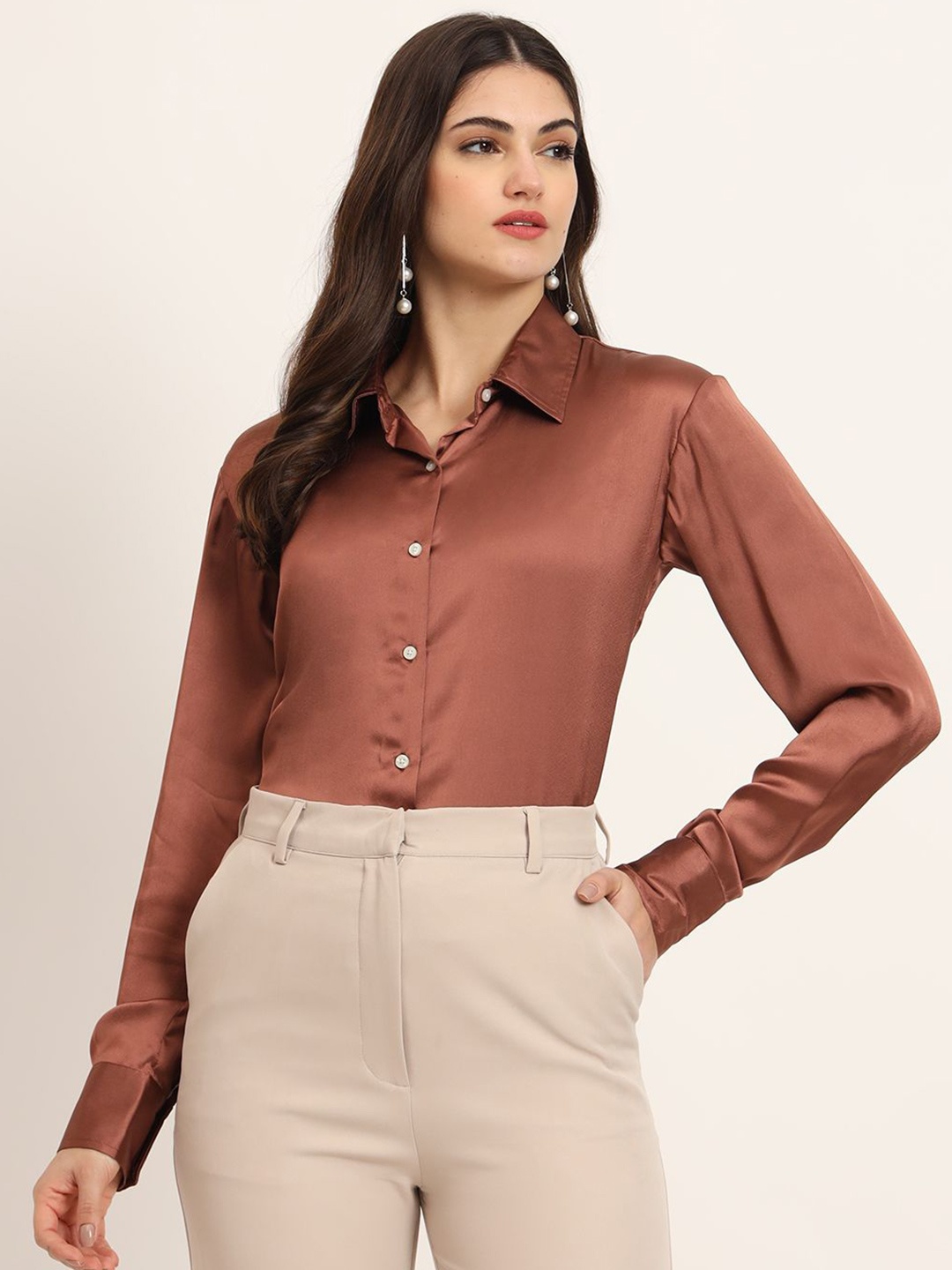 

AMSWAN Women Comfort Fit Spread Collar Solid Satin Casual Shirt, Brown