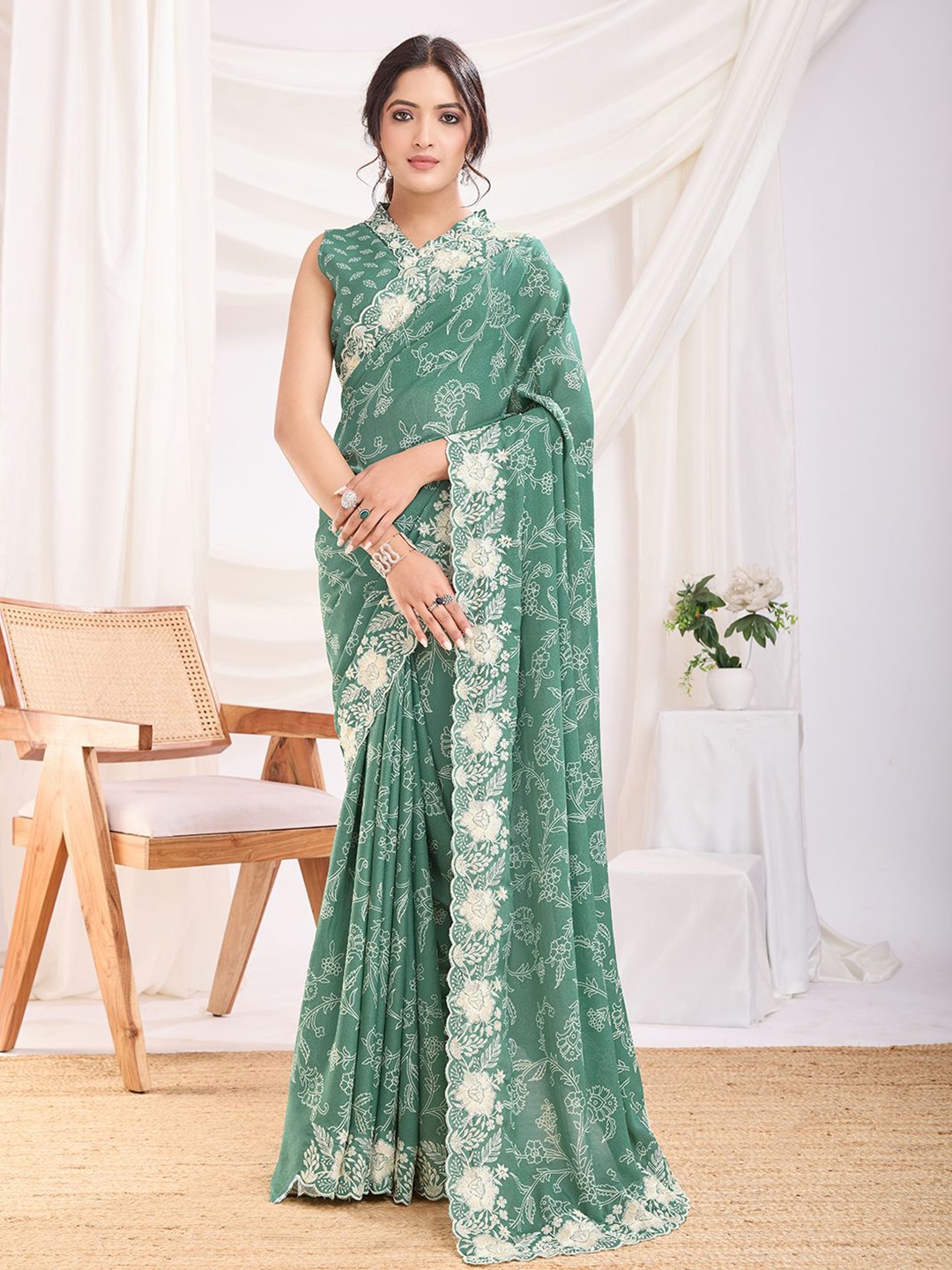 

Mitera Embroidered Poly Georgette Saree, Sea green