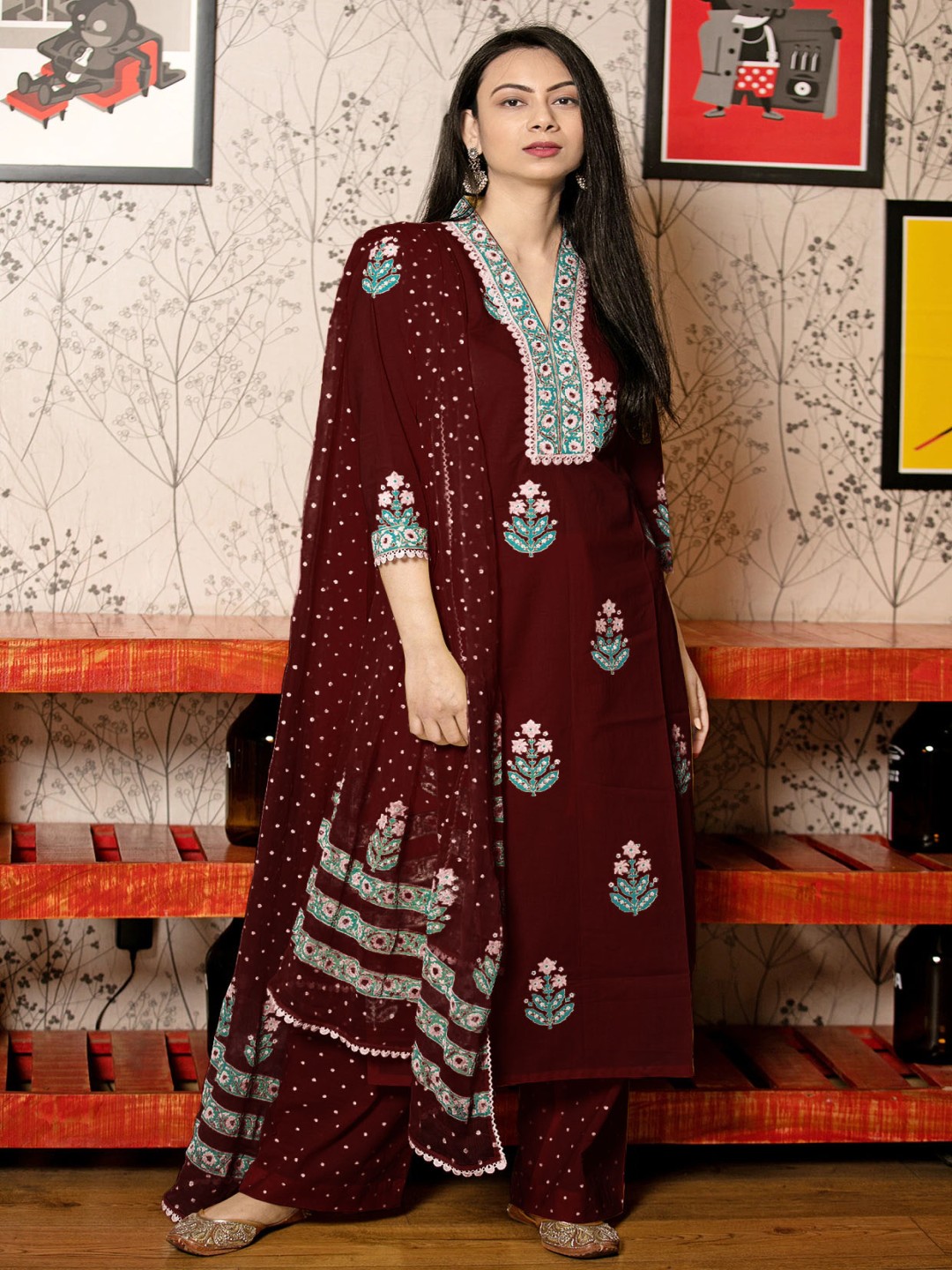 

DIVASTRI Women Ethnic Motifs Printed Regular Kurta with Palazzos & With Dupatta, Maroon
