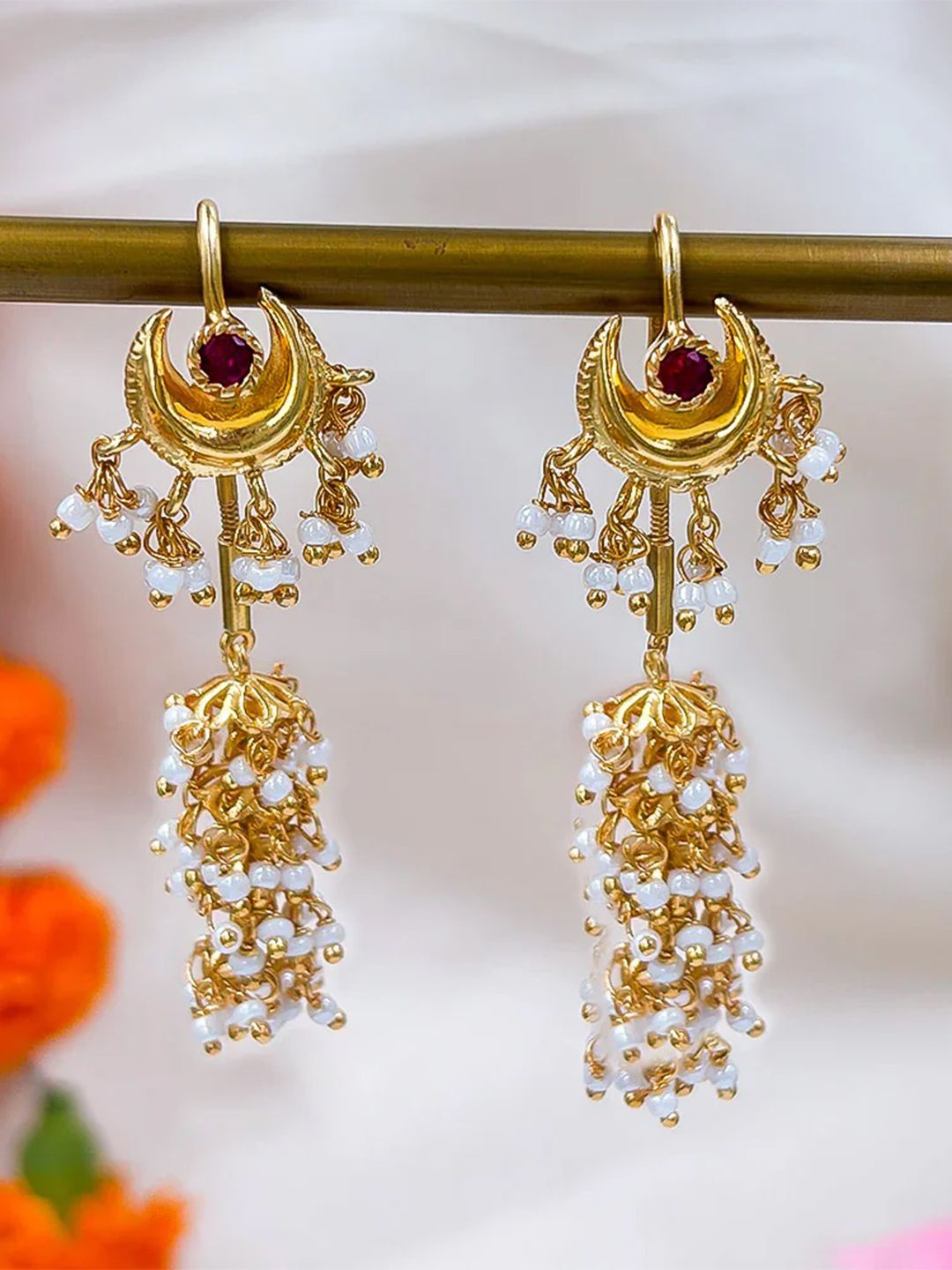 

Unniyarcha 92.5 Silver Gold-Plated Stone Studded & Beaded Crescent Shaped Drop Earrings