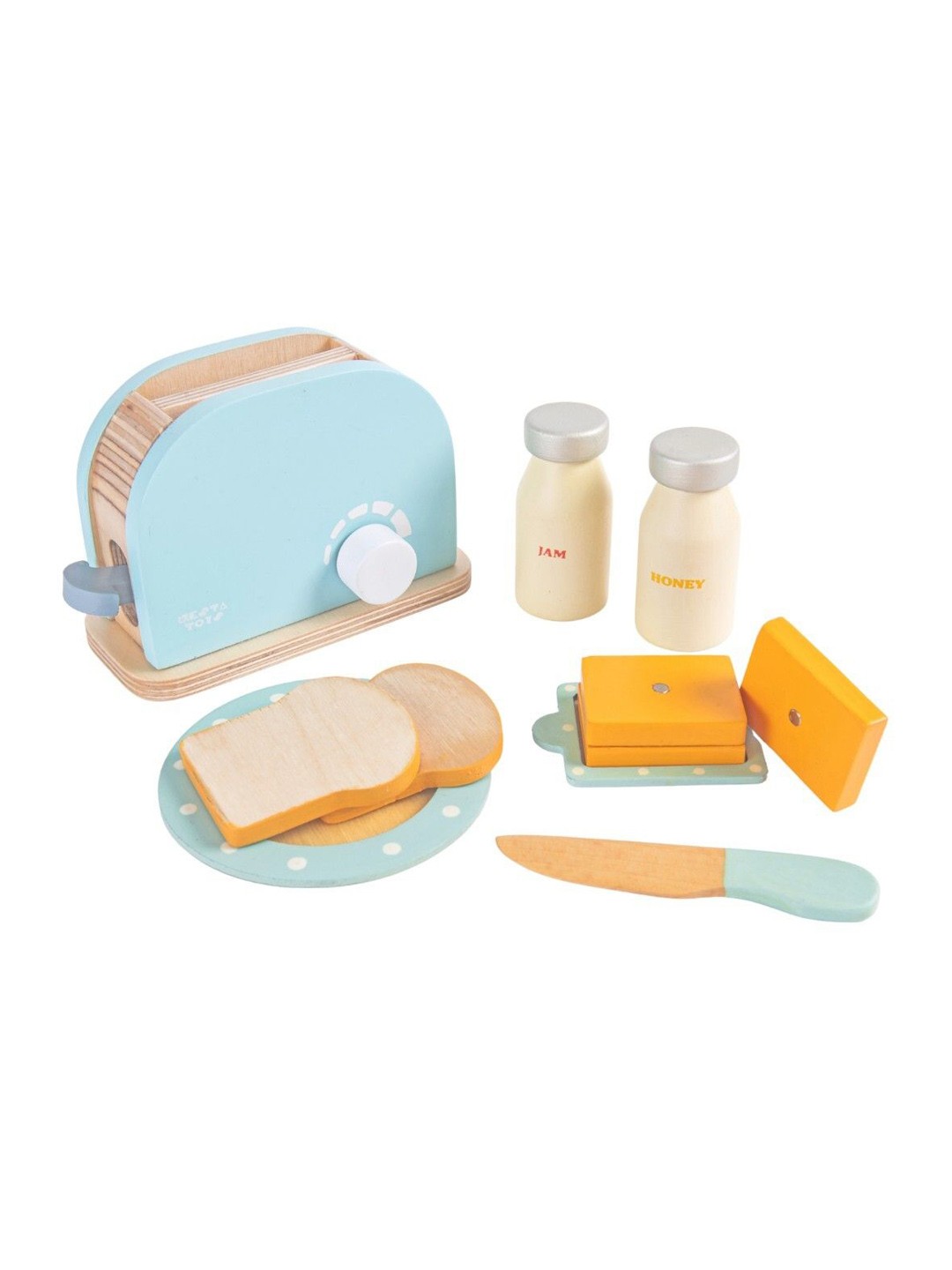 

Nesta Toys Wooden Bread Popup Toaster 11 Pcs Kitchen Pretend Play Toy Set Blue Color