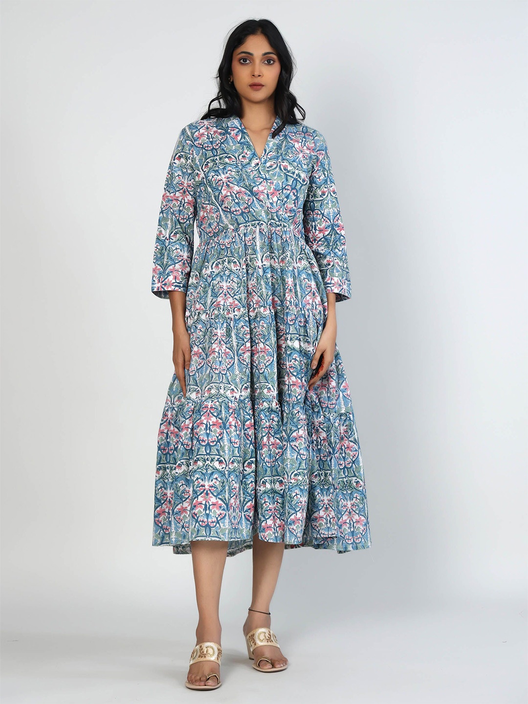 

Hassu's Women Floral Printed Cotton Fit & Flare Midi Dress, Blue