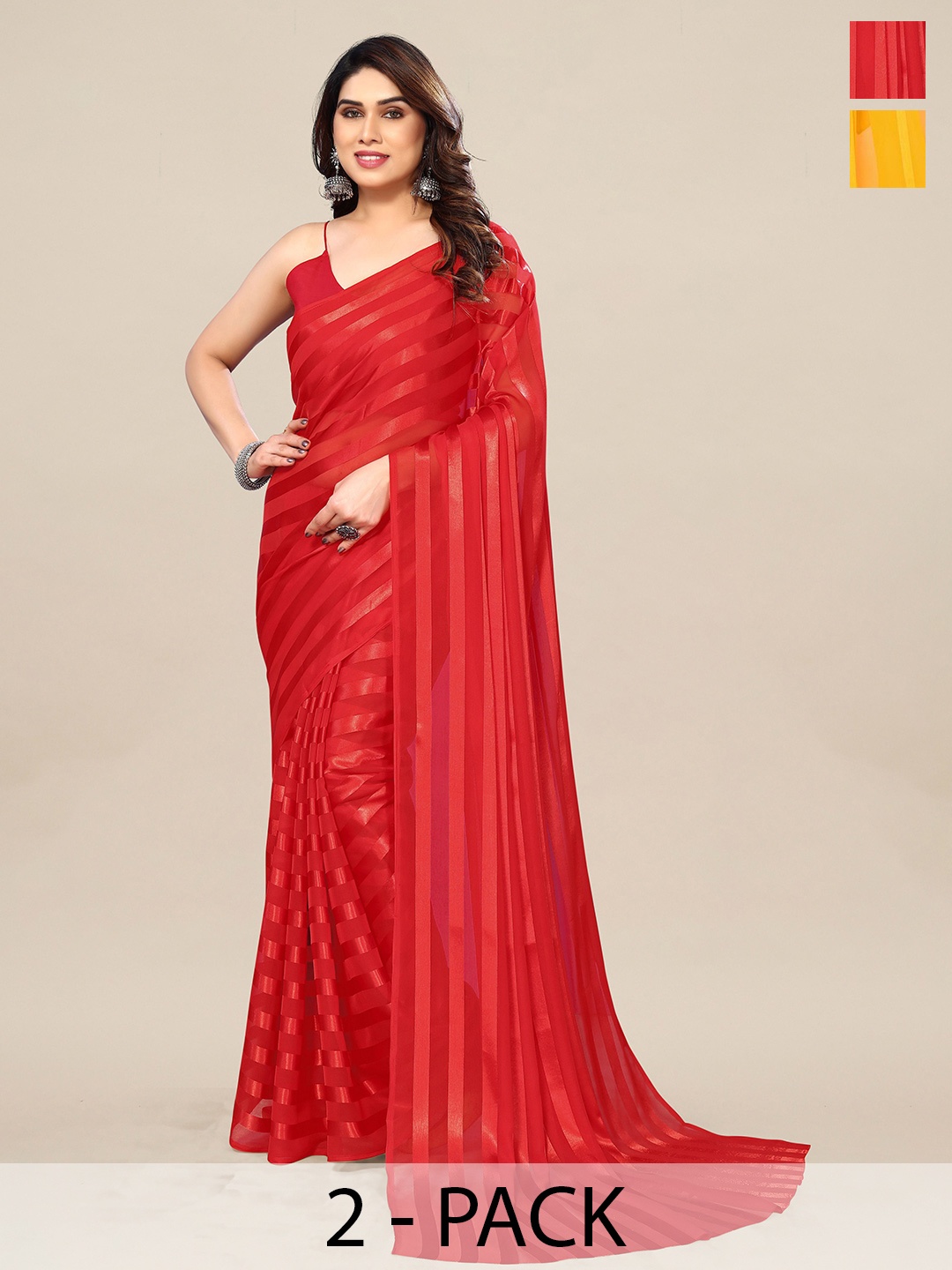 

Moda Rapido Pack Of 2 Striped Satin Saree, Red