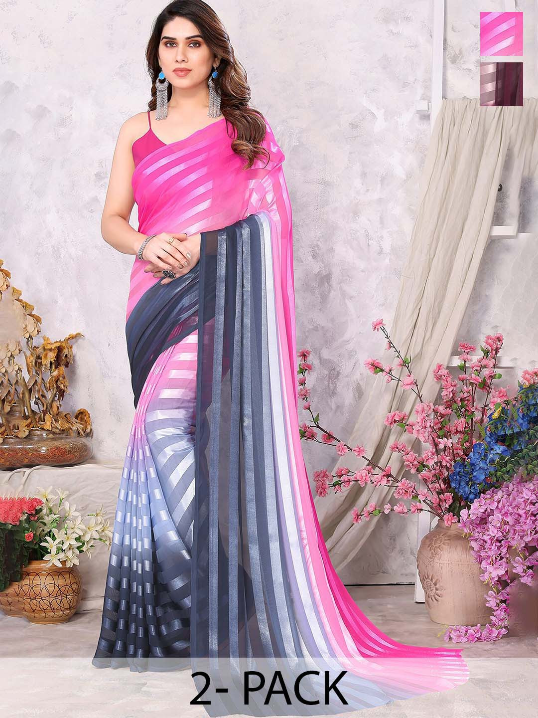 

Moda Rapido Pack Of 2 Striped Satin Saree, Pink