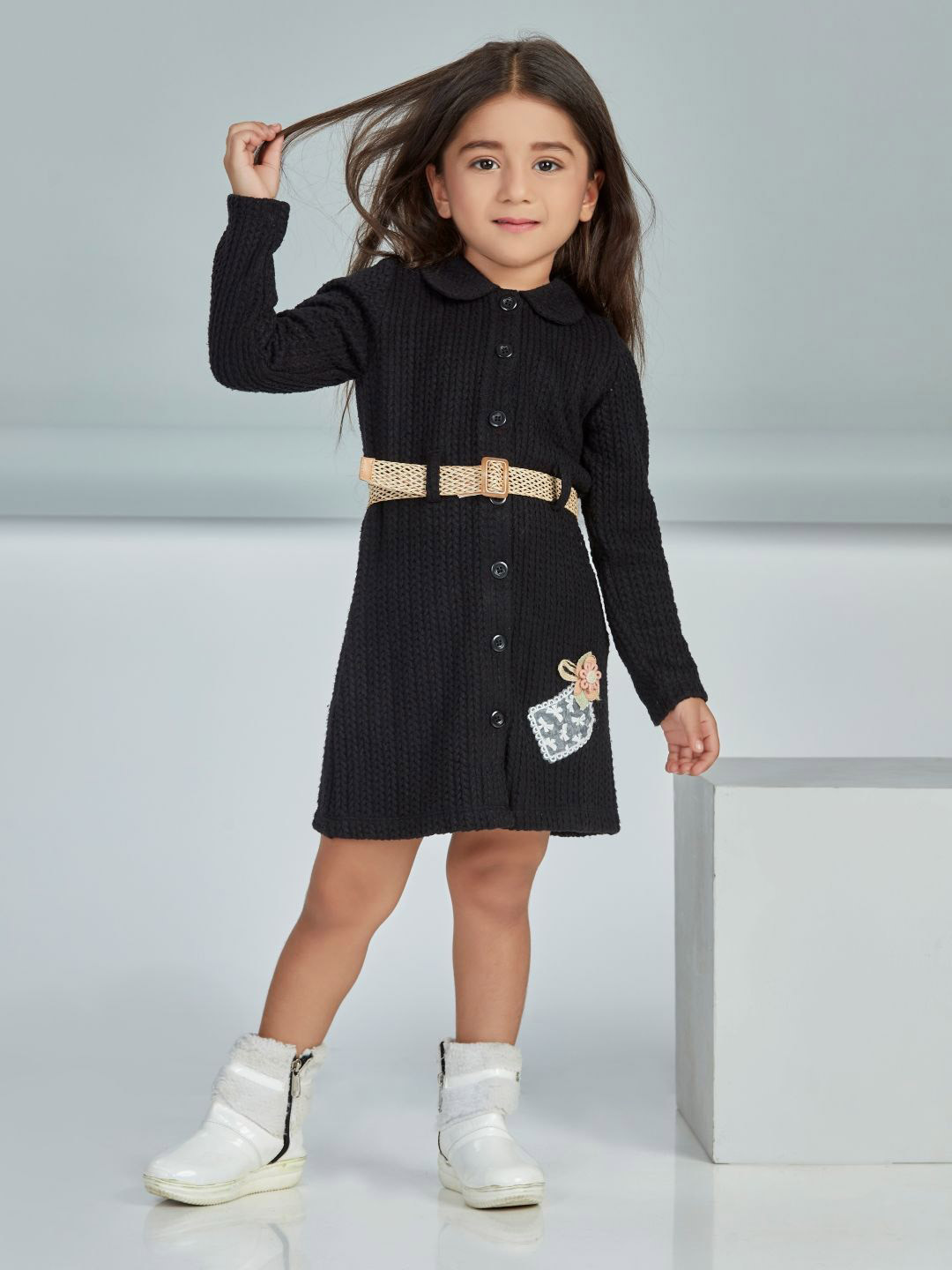 

Peppermint Girls Peter Pan Collar Cotton A-Line Dress, Black