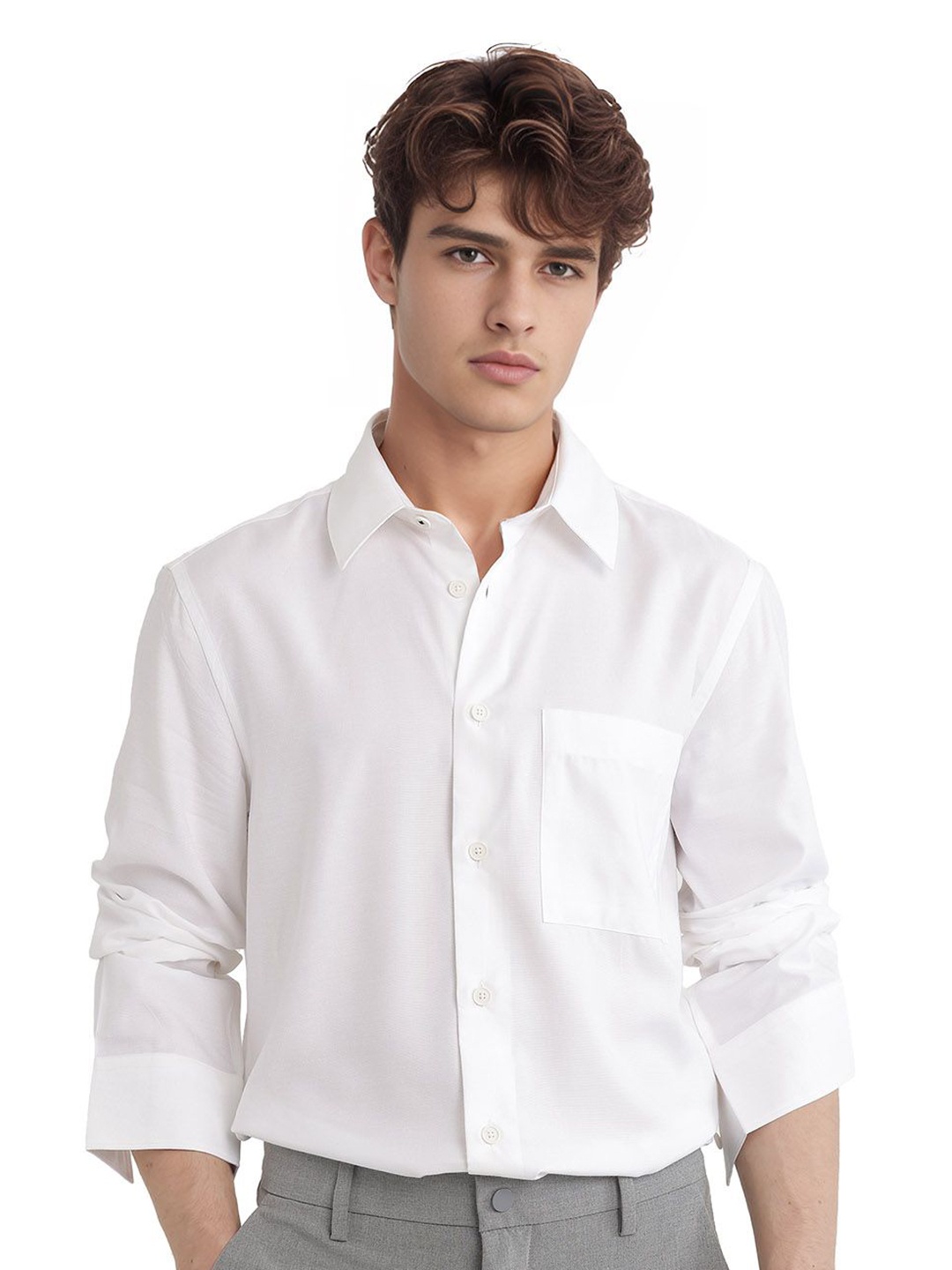 

RARE RABBIT Men Comfort Relaxed Fit Spread Collar Solid Formal Shirt, White