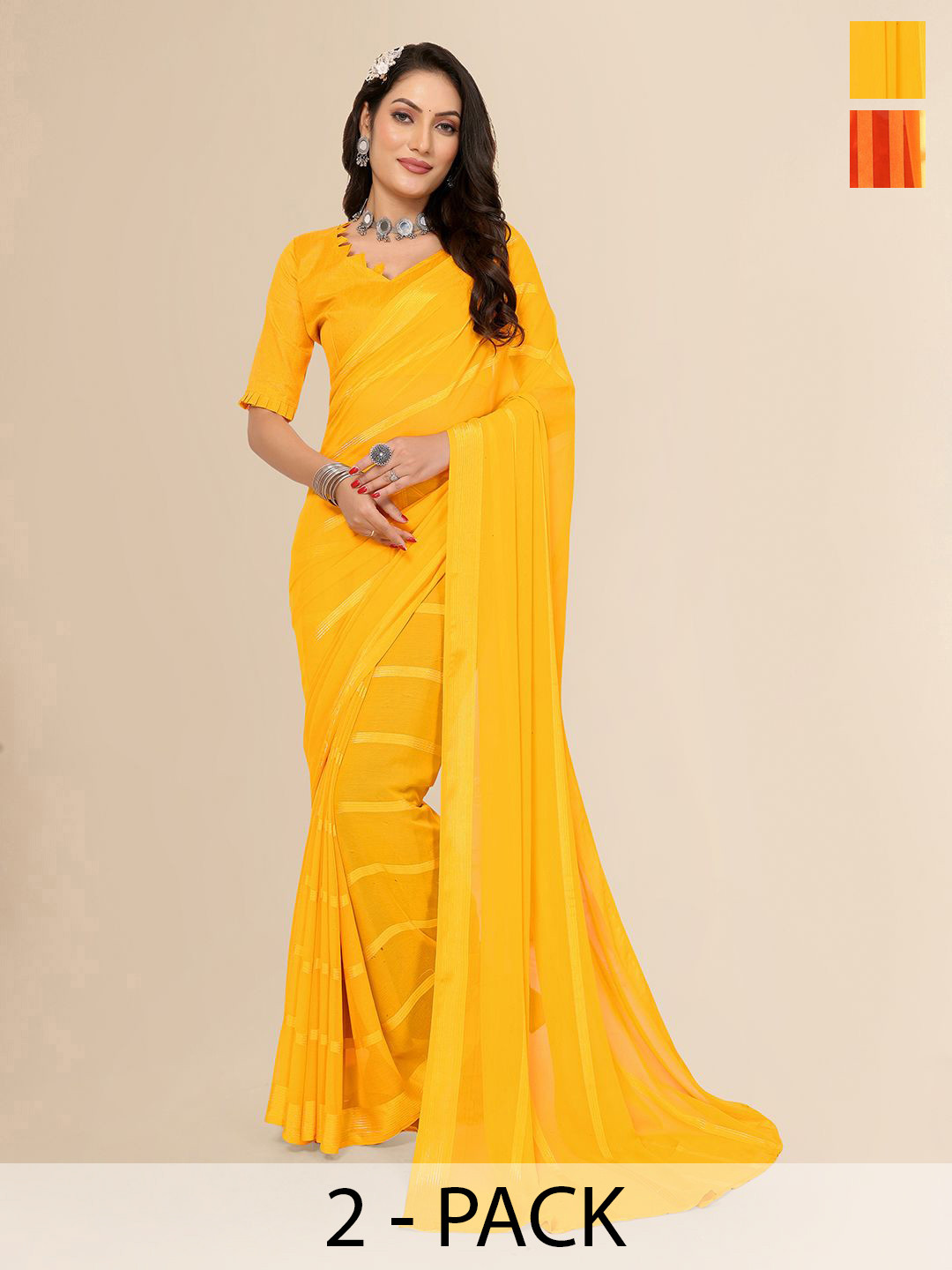 

Moda Rapido Pack Of 2 Striped Satin Saree, Yellow