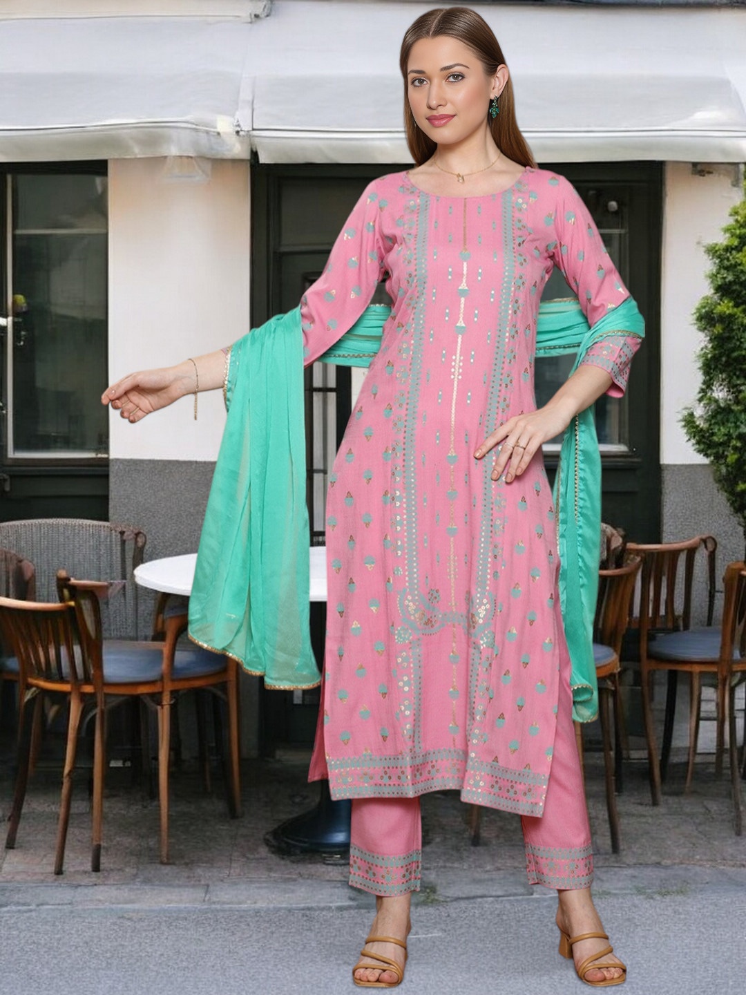 

True Shape Floral Printed Round Neck Cotton Straight Kurta With Trouser & Dupatta, Fuchsia