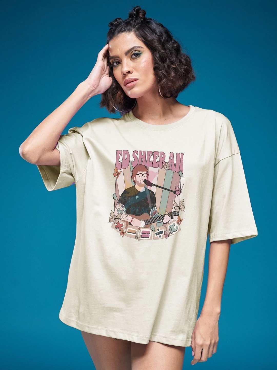

SMARTEES Women Graphic Printed Round Neck Cotton Oversized T-shirt, Beige