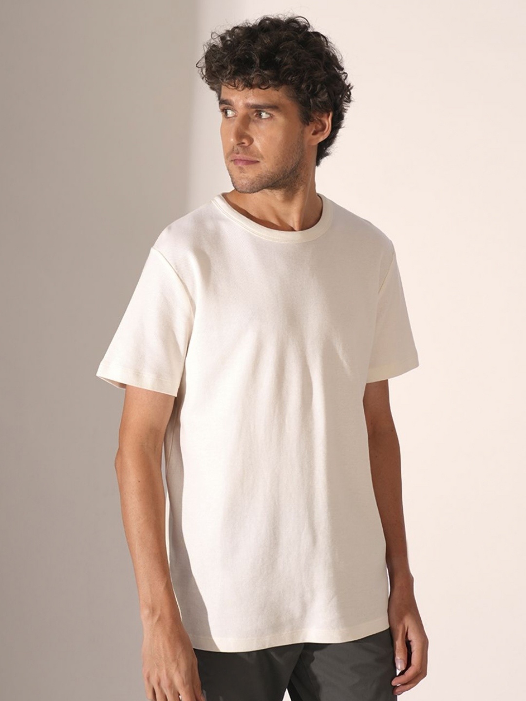 

SELECTED Men Solid Round Neck Cotton T-shirt, Off white