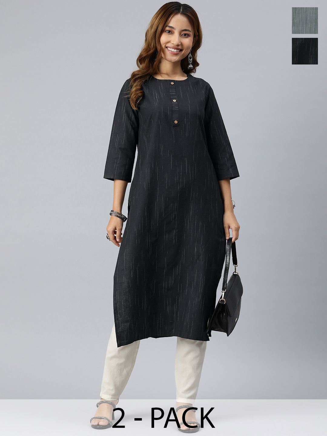 

KALINI Selection Of 2 Colourblocked Round Neck Straight Kurtas, Black