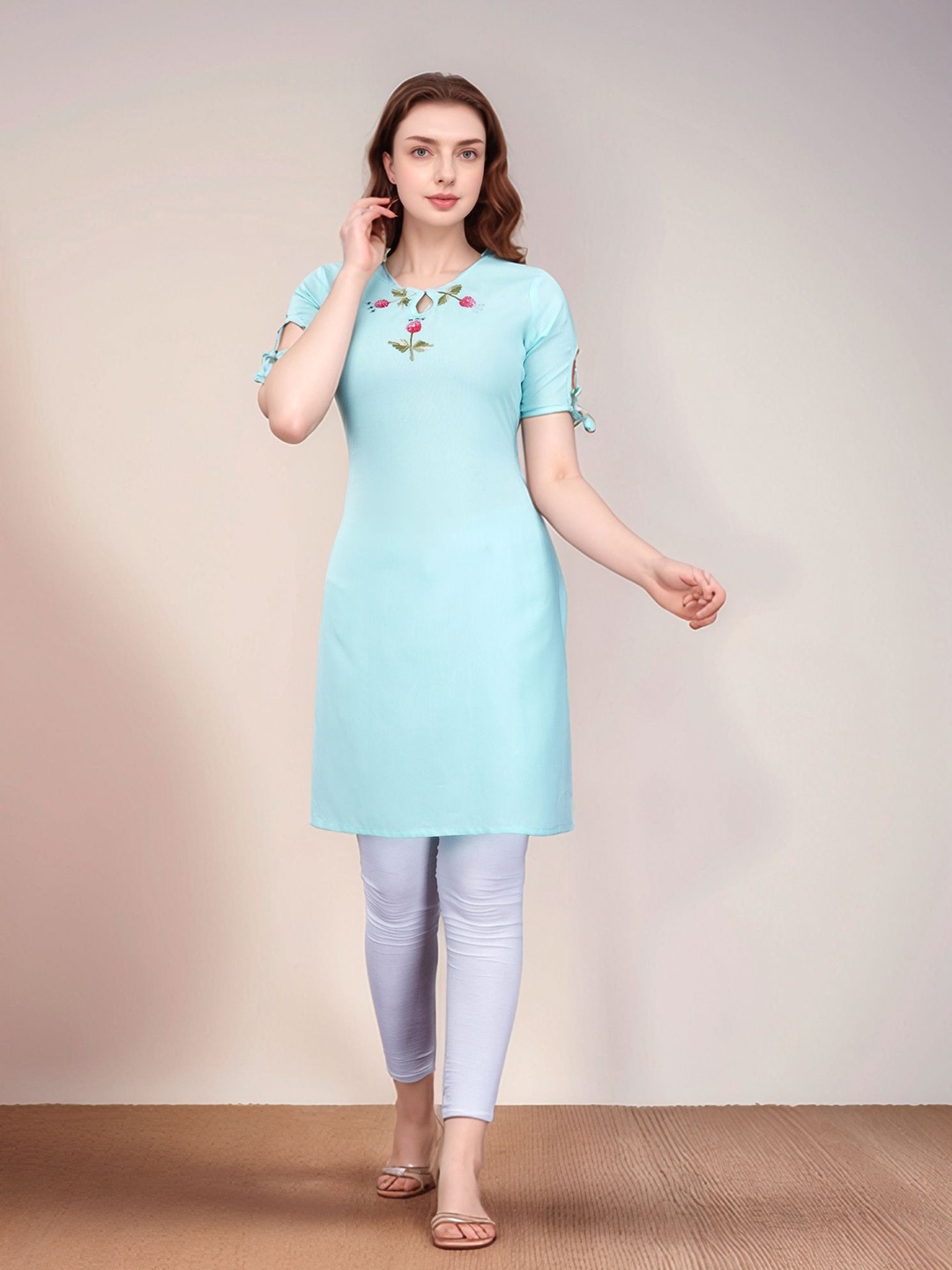 

BAESD Floral Embroidered Keyhole Neck Straight Kurti, Blue