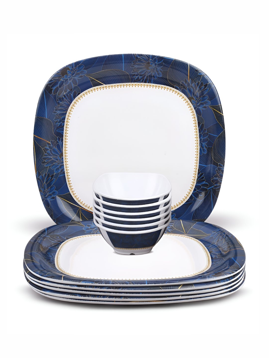 

Bataniya White & Blue 12 Pieces Printed Melamine Dinner Set, Multi