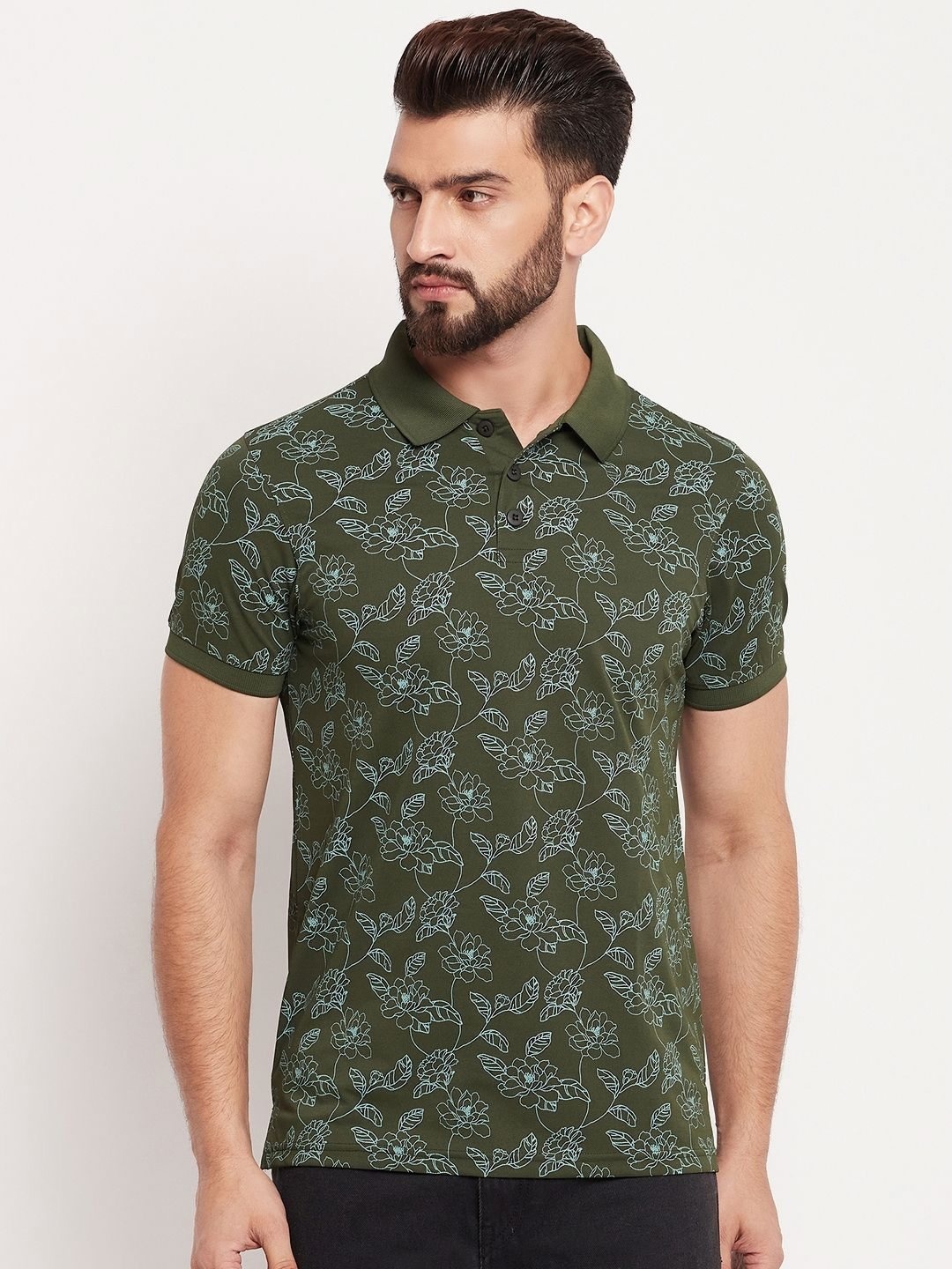 

AUXAMIS Men Printed Polo Collar Tropical Pockets T-shirt, Olive