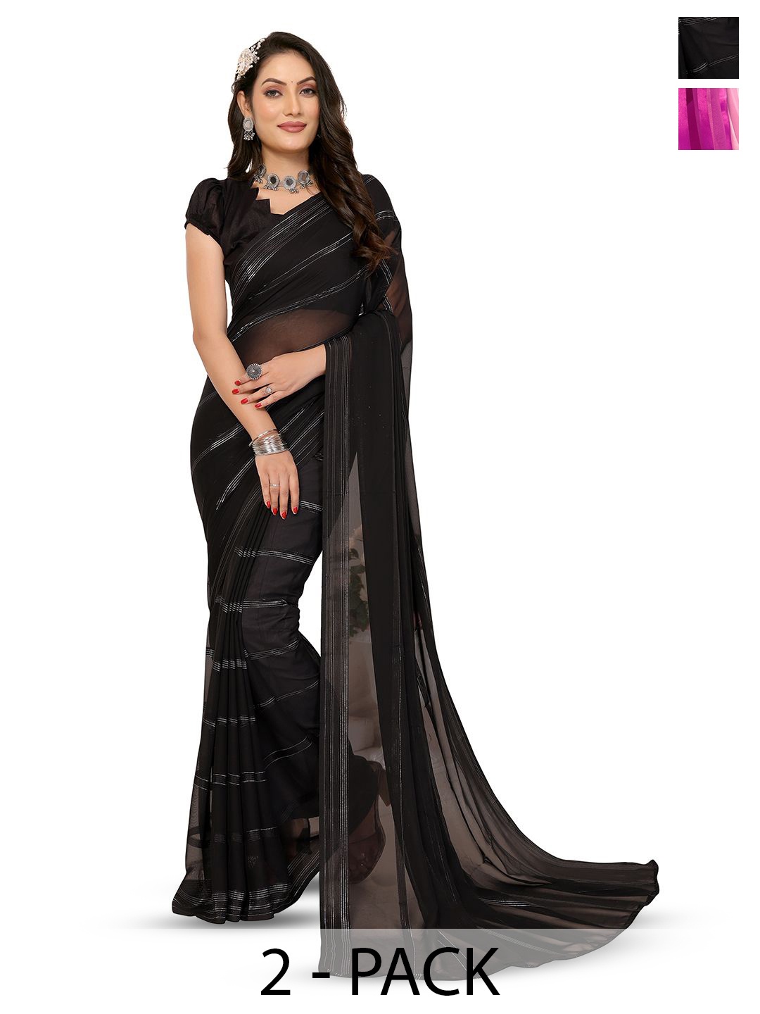 

Moda Rapido Pack Of 2 Striped Satin Saree, Black