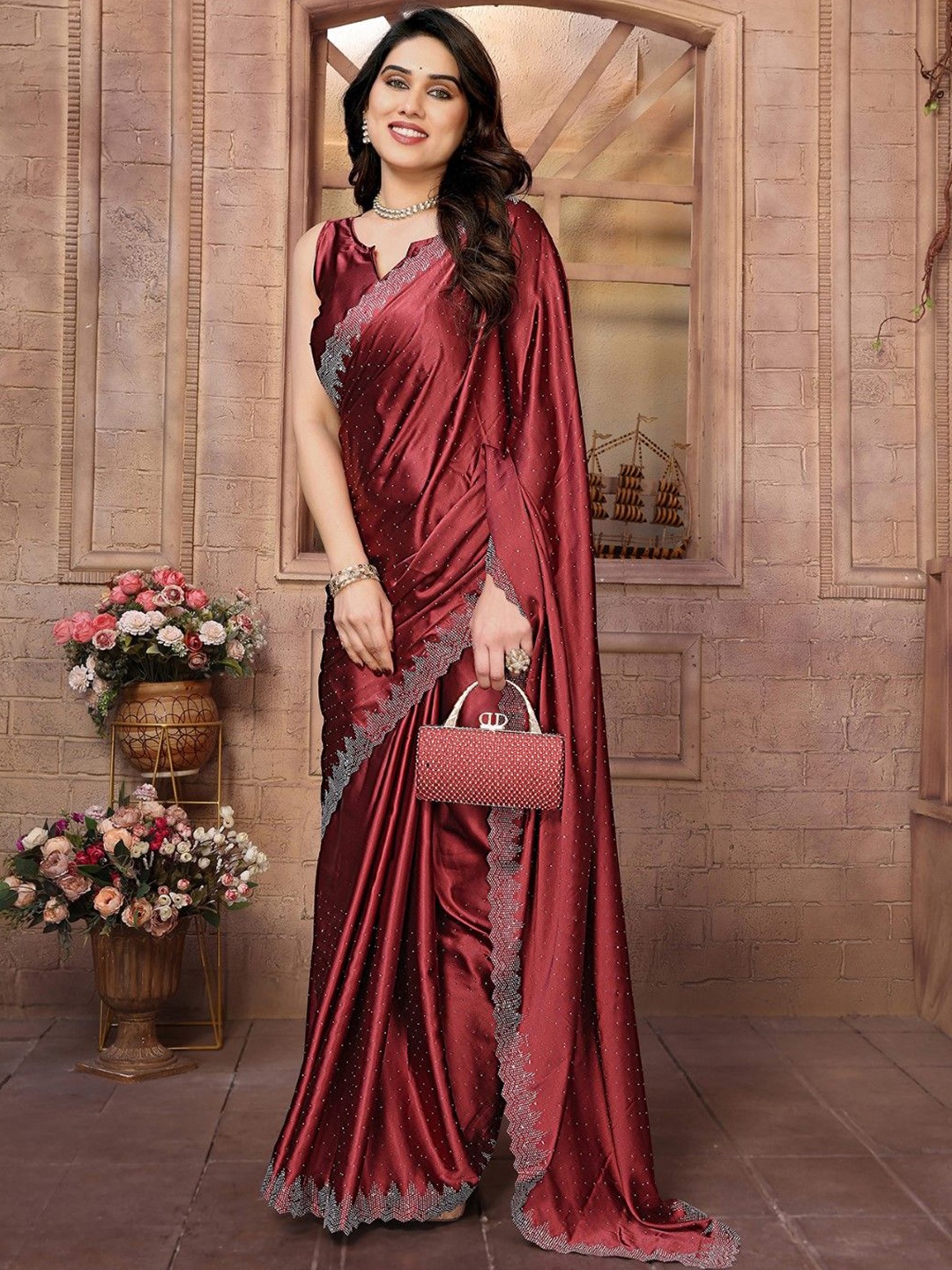 

KALINI Embellished Beads and Stones Satin Saree, Maroon