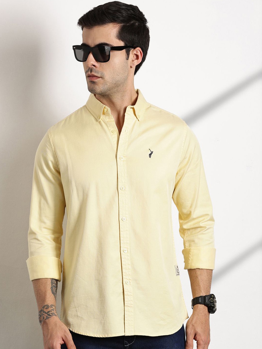 

Thomas Scott Men Classic Slim Fit Spread Collar Solid Cotton Casual Shirt, Yellow