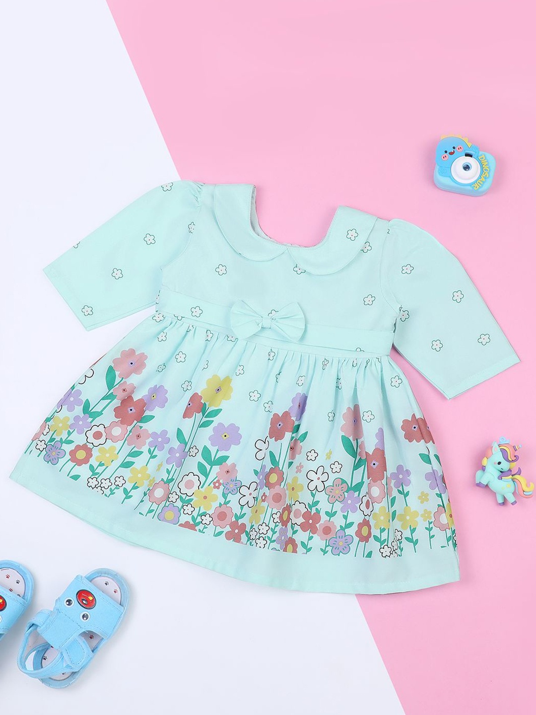 

Macwin Girls Floral Printed Peter Pan Collar Cotton Fit & Flare Dress, Green