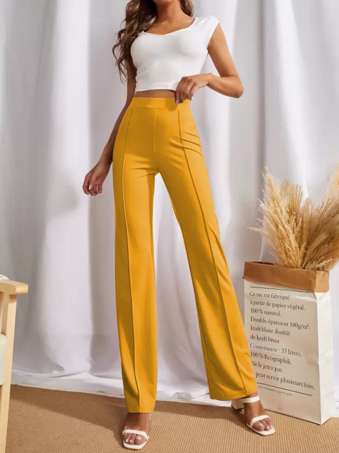 

KASHIAN Women Relaxed High-Rise Trousers, Mustard