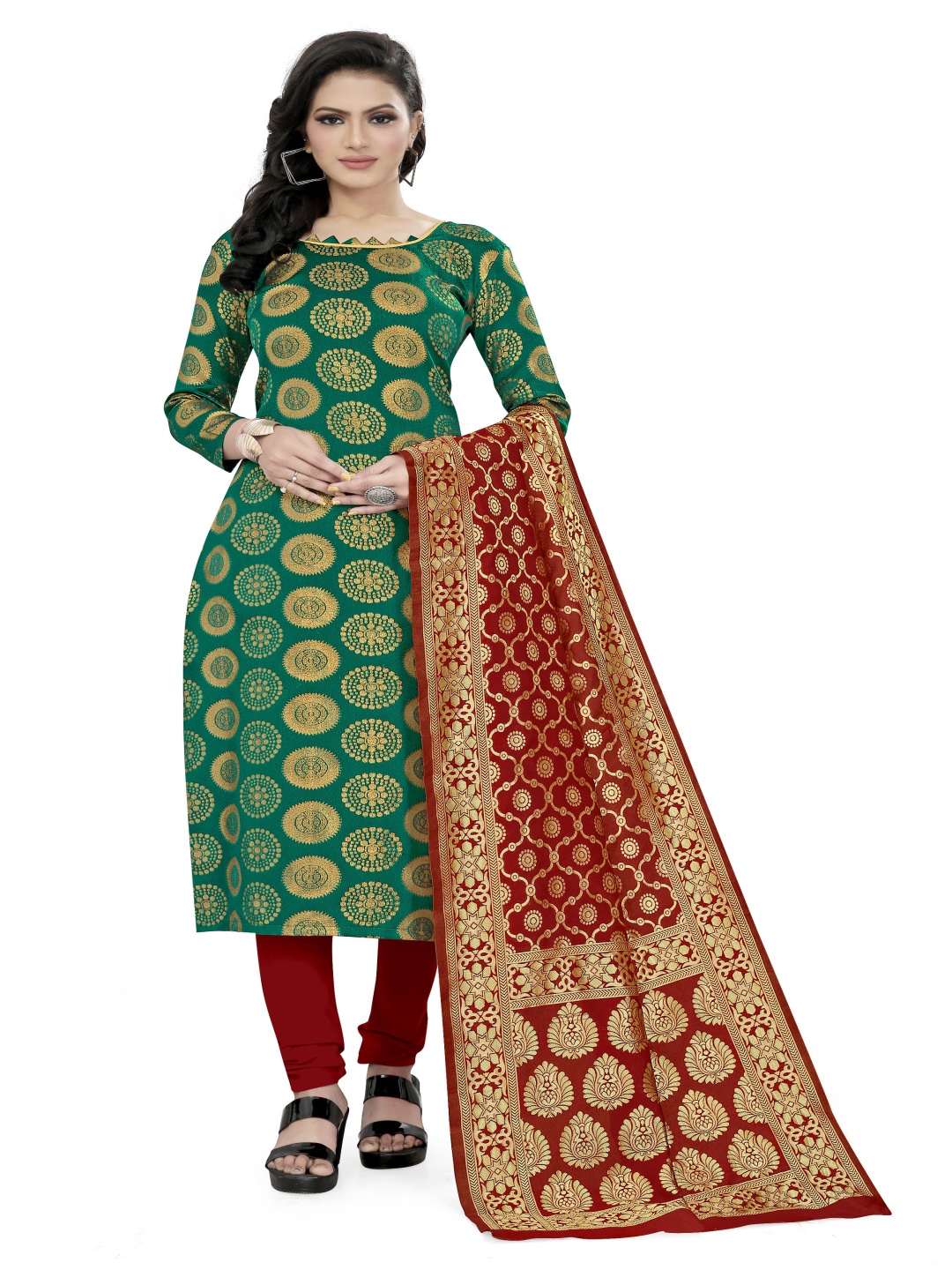 

HERE&NOW Floral Woven Design Banarasi Silk Unstitched Dress Material, Green