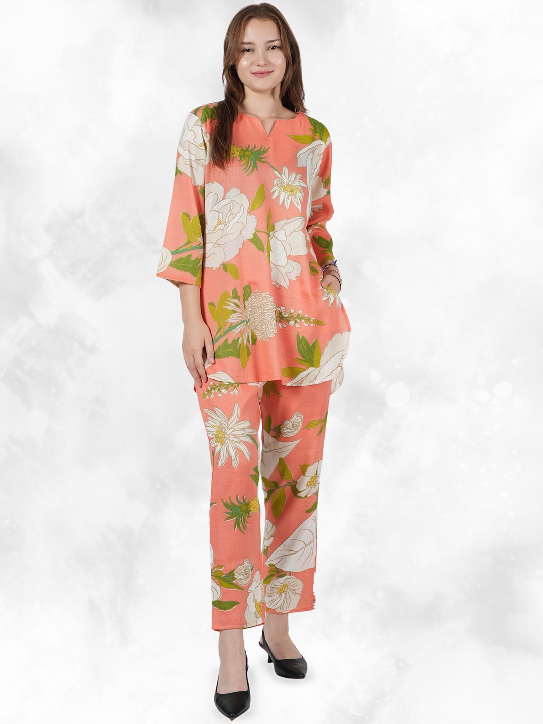 

BAESD Floral Printed Notch Neck Pure Cotton Straight Tunic With Trouser, Peach