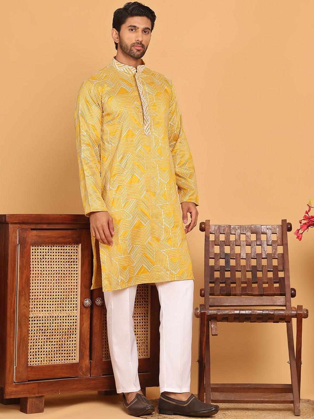 

Jompers Geometric Embroidered Mandarin Collar Straight Kurta And Pyjama, Mustard