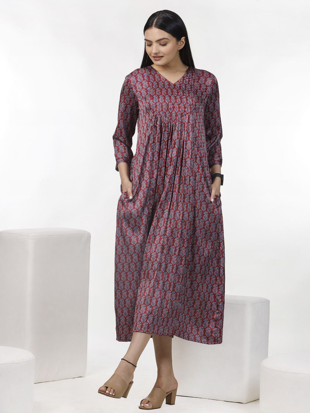 

aaRVee STUDIO Women Floral Print Satin A-Line Regular Sleeves Midi Dress, Maroon