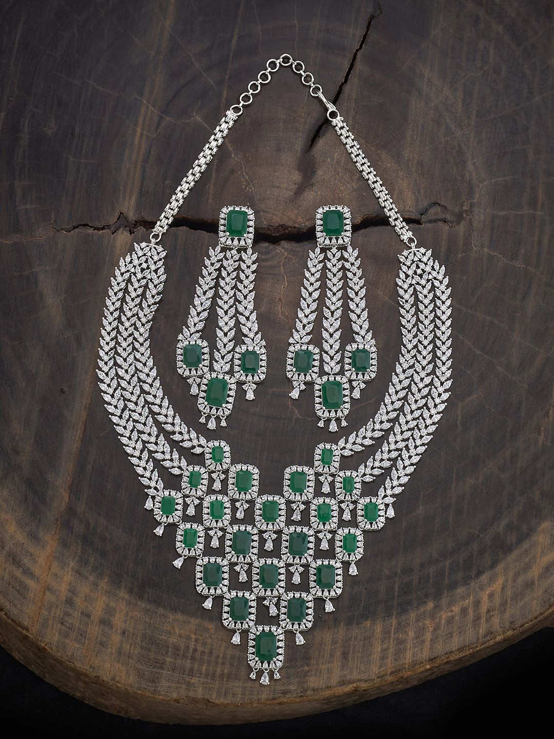 

Kushal's Fashion Jewellery Green Rhodium-Plated Cubic Zirconia-Studded Jewellery Set, Silver