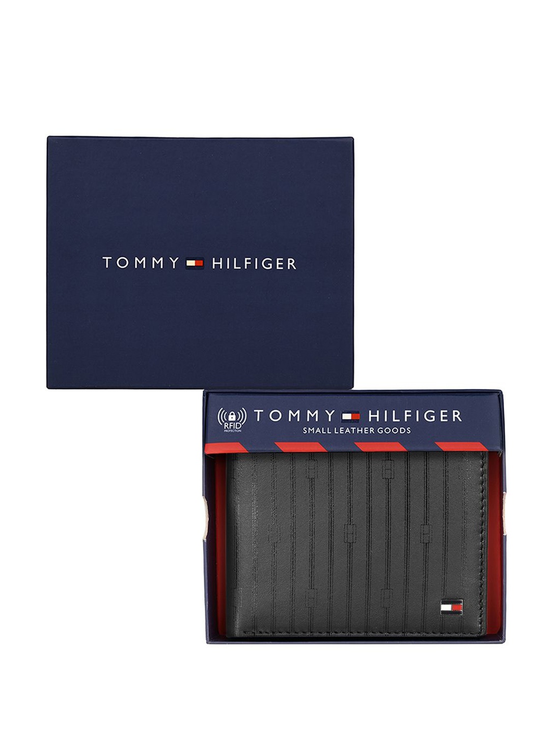 

Tommy Hilfiger Men Striped Leather Two Fold Wallet, Black