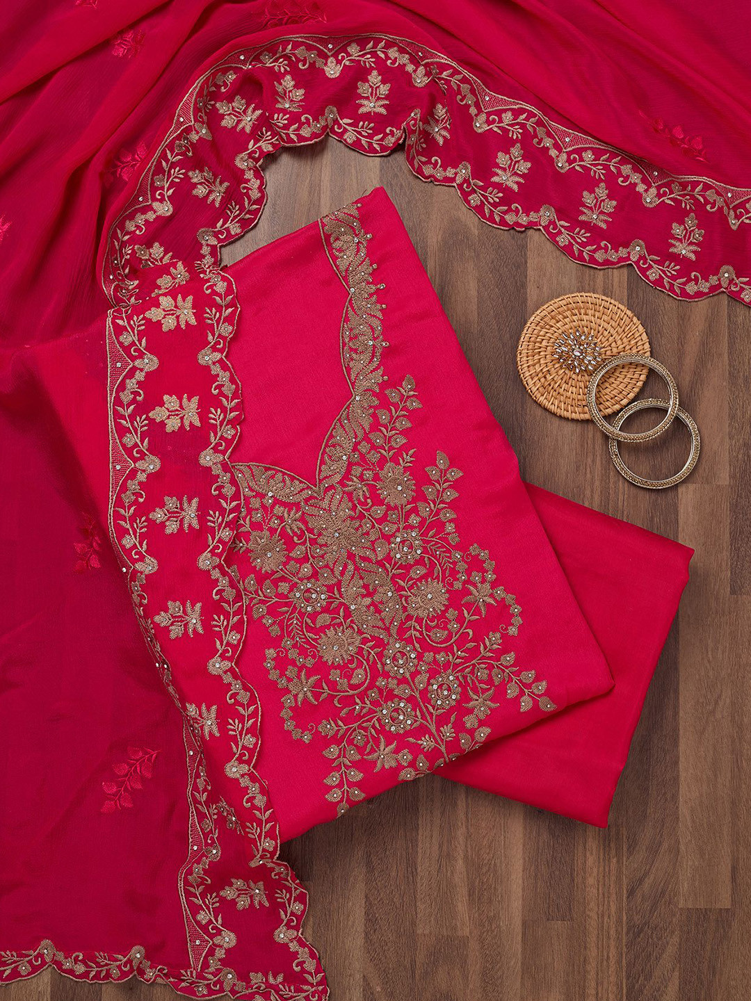 

Koskii Floral Embroidered Beads and Stones Unstitched Dress Material, Pink